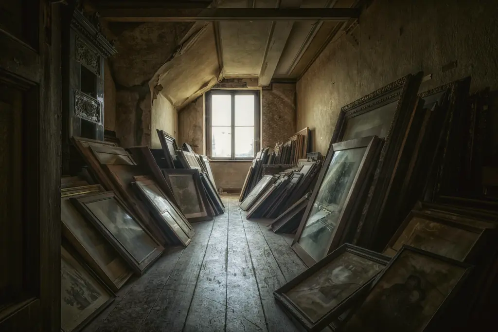 Alter Dachboden mit Holzdielen, an den Wänden lehnen zahlreiche gerahmte Bilder, hinten ein Fenster.