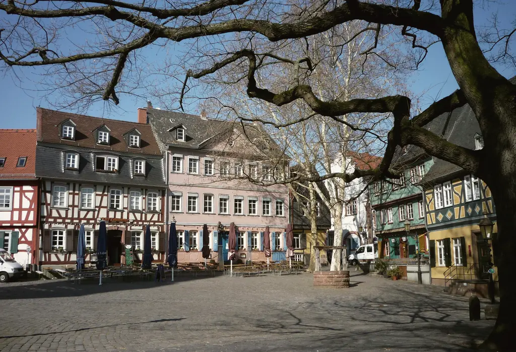 Fachwerkhäuser und Altbauten am Schlossplatz in der Altstadt von Frankfurt-Höchst.