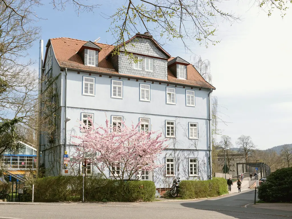 Hellblaues Wohnhaus mit Schiefergauben und blühendem Baum in der Straße Auf der Weide in Marburg.