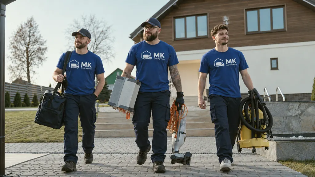 Drei Mitarbeiter von MK Entrümpelung in blauen Firmen-Shirts kommen mit Arbeitsgeräten und Staubsauger aus einem Einfamilienhaus.